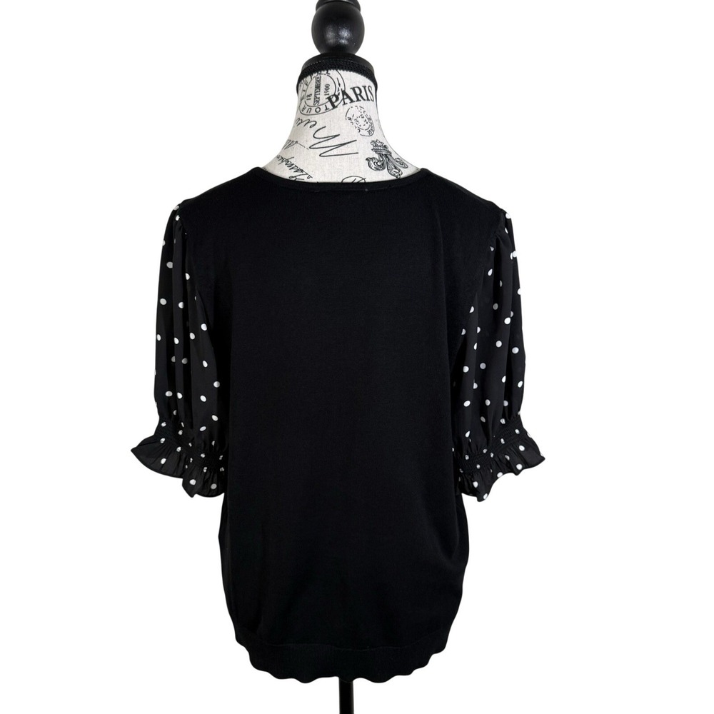 Adrianna Papell Black Blouse Sz L Polka Dot Sheer Sleeve Top Elegant Work office - Picture 3 of 8